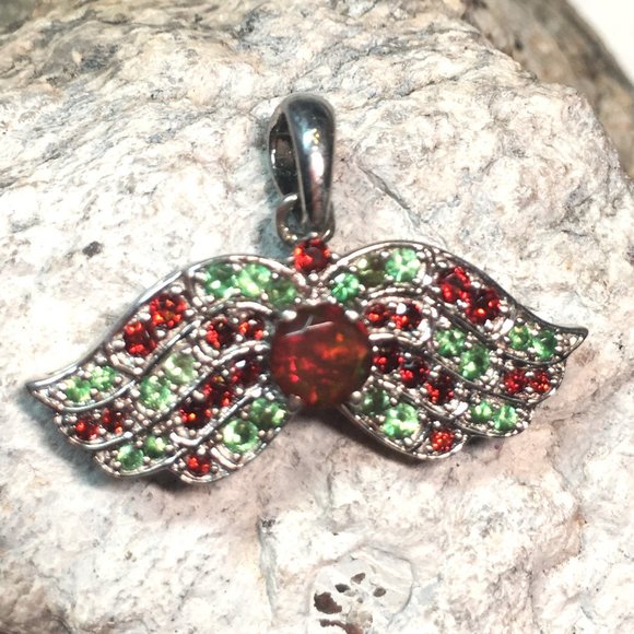 .925 Silver Opal, Tsavorite & Red Garnet Wings Pendant Angel Natural - Picture 3 of 16